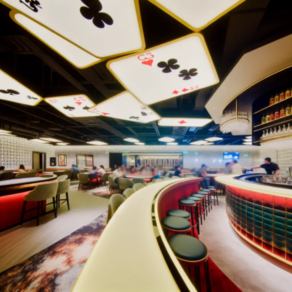 Warm, upscale interior of A Spades Fun with poker tables and screens showing live sports.