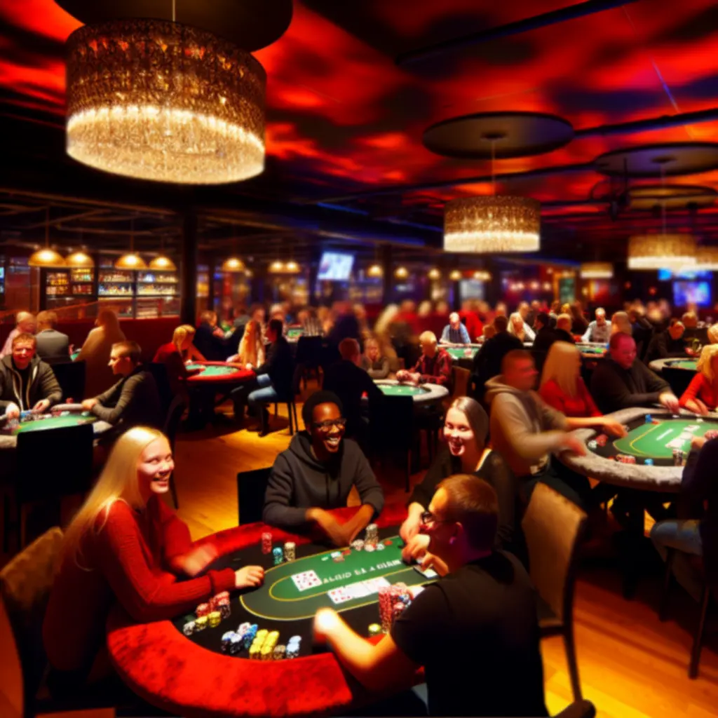 Lively evening scene at A Spades Fun bar and restaurant with guests enjoying poker and sports.