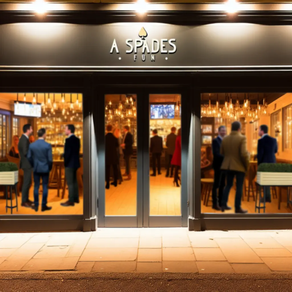 Night-time entrance of A Spades Fun with glowing signage and guests arriving